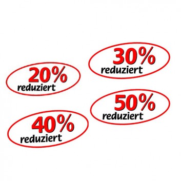  Werbe - Folie; % Reduziert 20% - 50%; oval, 52 x 24 cm; rot-schwarz auf weiß; selbstklebende Weißfolie 