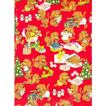  Weihnachts-Geschenkpapier, Bogen; 70 x 100 cm; Kindermotiv: Hunde mit Geschenken; rot 