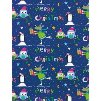  Weihnachts-Geschenkpapier, Großrolle; 50 cm / 70 cm x 250 m; Kindermotiv: Eule, Pinguin, Elch; bunt auf blau; 5A5852 