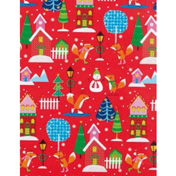  Weihnachts-Geschenkpapier, Großrolle; 50 cm / 70 cm x 250 m; Kindermotiv: Schneemann, Fuchs, Häuser; bunt auf rot; 5A5853 