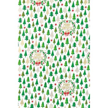  Weihnachts-Geschenkpapier, Großrolle; 50 cm / 70 cm x 250 m; Tannen und Text auf weißem Grund; Christmas Wreath: grün-weiß-rot; 6A6311 