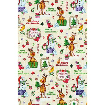  Weihnachts-Geschenkpapier, Großrolle; 50 cm / 70 cm x 250 m und 50 cm x 50 m; Kinder: Elch, Schneemann und Text; bunt auf creme; 6A6321 