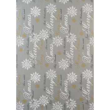  Weihnachts-Geschenkpapier, Großrolle; 50 cm x 250 m / 70 cm x 250 m; Text: Merry X-mas, Feliz Navidad, Frohe; silber; 2A5464 
