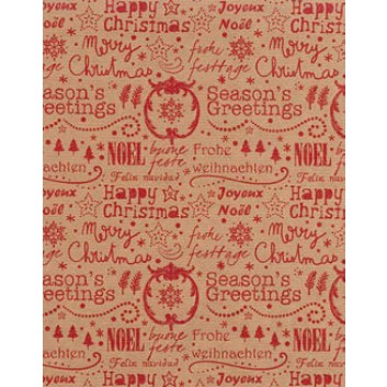  Weihnachts-Geschenkpapier, Großrolle; 50 cm x 250 m; Text: Season's Greetings; rot-naturbraun; 495616; Kraftpapier, enggerippt, braun 60 g/qm 