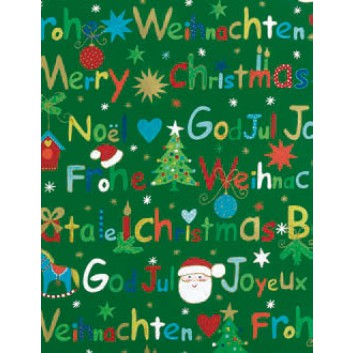  Weihnachts-Geschenkpapier, Großrolle; 50 cm x 250 m; Text: Frohe Weihnachten international; grün-bunt; 4A5620 