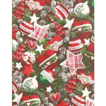  Weihnachts-Geschenkpapier, Großrolle; 50 cm x 250 m; Fotomotiv: Kugeln, Sterne; rot-grün; 4A5621; Geschenkpapier, gestrichen-glatt 80 g/qm 