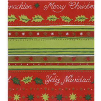  Weihnachts-Geschenkpapier, Großrolle; 70 cm x 250 m; Intern. Text, Symbole+Streifen; rot-hellgrün; 975155; Geschenkpapier, gestrichen-glatt 