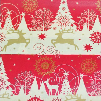  Weihnachts-Geschenkpapier, Großrolle; 50 cm x 250 m / 70 cm x 250 m; Lech: Rentiere und Tannen; gold-rot-creme; 39851; Kraftpapier weiß, enggerippt 