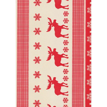  Weihnachts-Geschenkpapier, Großrolle; 50 cm x 250 m / 70 cm x 250 m; Bodö: Elche, rustikal; rot auf braun; 39965; Kraftpapier braun, enggerippt 