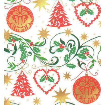  Weihnachts-Geschenkpapier, 50m-Rolle; 50 cm x 50 m; Tannen, Herzen, Kugeln; rot-grün-gold auf weiß; # 88051 