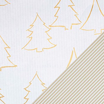  Weihnachts-Geschenkpapier, Großrolle; 50 cm / 70 cm x 250 m, Secare-Rolle; Forest: Tanne groß, modern + Streifen; gold-weiß - Rückseite: gold-weiß 