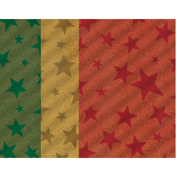  Weihnachts-Geschenkfolie; 70 cm x 25 m; Sterne; gold / rot / grün; 2335x; Rückseite: silber 
