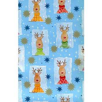  Weihnachts-Geschenkpapier, Großrolle; 50 cm x 250 m; Kindermotiv Rentiere; bunt auf himmelblau; 49226; Kraftpapier, gestrichen-glatt 