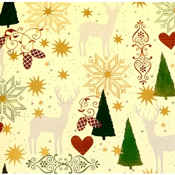  Weihnachts-Geschenkpapier, Großrolle; 50 cm x 250 m / 70 cm x 250 m; Mieming: Landhaus - Rehe, Tannen; creme-braun-grün-grau; 49646 