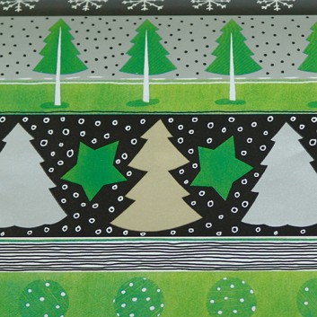  Weihnachts-Geschenkpapier, Großrolle; 50 cm x 250 m / 70 cm x 250 m; Tirol: Tannen und Sterne; grün-silber-schwarz; 49634 