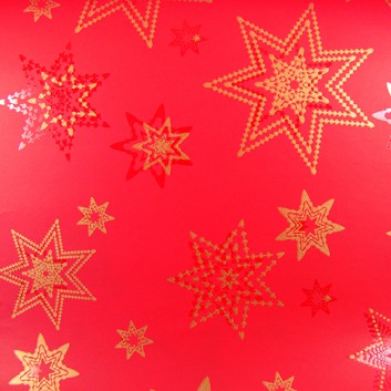  Weihnachts-Geschenkpapier, Großrolle; 50 cm x 250 m / 70 cm x 250 m; Alpina: Sterne; Goldsterne auf rot; 59708; Kraftpapier weiß, gestrichen-glatt 