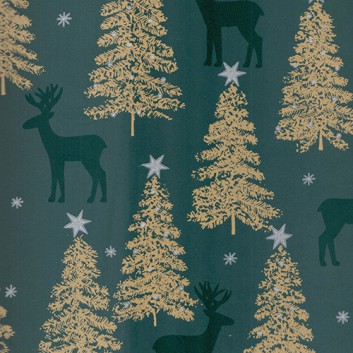  Weihnachts-Geschenkpapier, Großrolle; 50 cm x 250 m / 70 cm x 250 m; Lenggries: Tannen und Hirsch; dunkelgrün-gold-silber + Lack; 59917 
