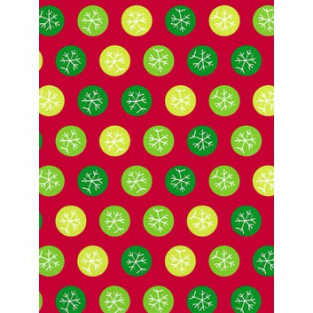  Weihnachts-Geschenkpapier, Lux; 70 cm x 2 m; Eiskristalle; rot-grün auf rot; Kraftpapier, gestrichen-glatt, weiß; Röllchen auf Pappeinlage 