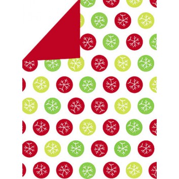  Weihnachts-Geschenkpapier, Lux; 70 cm x 2 m; Eiskristalle; rot-grün auf weiß, Rückseite: rot; Kraftpapier, gestrichen-glatt, weiß 