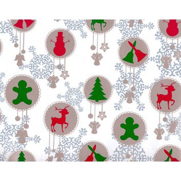  Weihnachts-Geschenkpapier, Lux; 70 cm x 2 m; Figuren in Kugeln; weiß-rot-grün; Kraftpapier, gestrichen-glatt, weiß; Röllchen auf Pappeinlage 