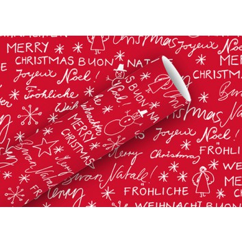  Braun & Company Weihnachts-Geschenkpapier, Deluxe; 70 cm x 2 m; Priska: Internationale Text/Glückwünsche; rot-weiß; 16617; Papier 