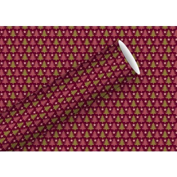  Braun & Company Weihnachts-Geschenkpapier, Deluxe; 70 cm x 2 m; Minitrees: Tannenbäumchen; bordeaux mit rot-gold; 21610; Papier 