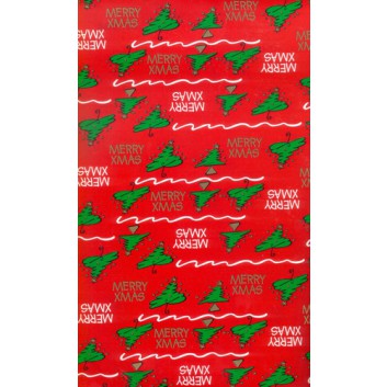 Weihnachts-Geschenkpapier; 70 cm x 100 m; grüne Tannebäume +Text: Merry Christmas; rot 