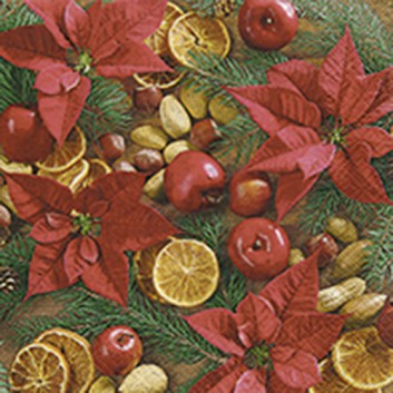  Paper + Design Weihnachts-Cocktail-Servietten; 25 x 25 cm; Xms arrangement:Weihnachtssterne & Nüsse; rot-grün-braun; 500180; 3-lagig 