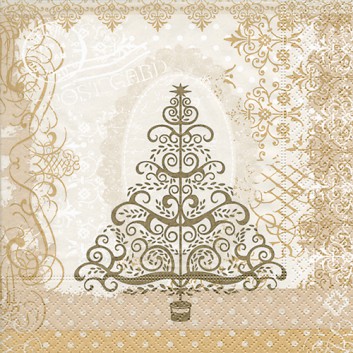  Paper + Design Weihnachts-Cocktail-Servietten; 25 x 25 cm; Baroque tree gold; gold-creme-weiß; 50803; 3-lagig; 1/4 Falz (quadratisch); Zelltuch 