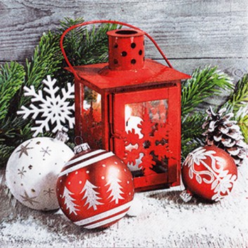 HomeFashion Weihnachts-Cocktail-Servietten; 25 x 25 cm; Cabin Charm: Fotomotiv, rote Laterne; Landhausstil: rot-weiß; 512002; 3-lagig 