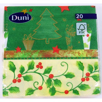  Duni Weihnachts-Servietten; 33 x 33 cm; Holly Tree; grün; 159763; 3-lagig; 1/4 Falz (quadratisch); Zelltuch 