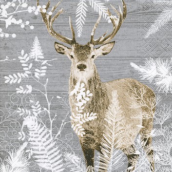 Paper + Design Winter-Servietten; 33 x 33 cm; Imperial stag: Hirsch; silbergrau-braun; 200542; 3-lagig; 1/4 Falz (quadratisch); Zelltuch 