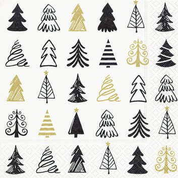  Paper + Design Weihnachts-Servietten; 33 x 33 cm; Graphical trees; weiß-schwarz-gold; 600195; 3-lagig; 1/4 Falz (quadratisch); Zelltuch 