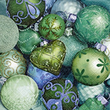  Paper + Design Weihnachts-Servietten; 33 x 33 cm; Shiny green baubles: Fotomotiv Kugeln; grün; 600202; 3-lagig; 1/4 Falz (quadratisch); Zelltuch 