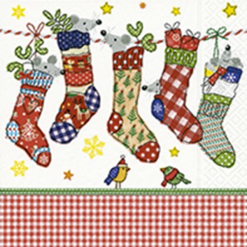  Paper + Design Weihnachts-Servietten; 33 x 33 cm; Stiched socks: Mäuse in Nikolaussocken; bunt; 600205; 3-lagig; 1/4 Falz (quadratisch); Zelltuch 
