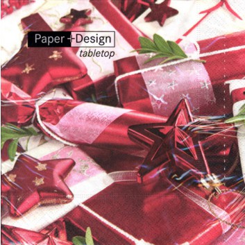  Paper + Design Weihnachts-Servietten; 33 x 33 cm; Stars on a present; rot-weiß; 60455; 3-lagig; 1/4 Falz (quadratisch); Zelltuch 