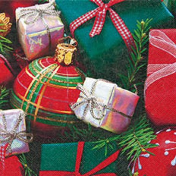  Paper + Design Weihnachts-Servietten; 33 x 33 cm; Presents all over; grün-rot-silber; 60535; 3-lagig; 1/4 Falz (quadratisch); Zelltuch 