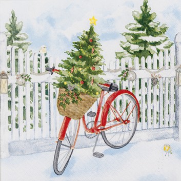  HomeFashion Weihnachts-Servietten; 33 x 33 cm; Christmas Bike: Fahrrad mit Christbaum; bunt; 611925; 3-lagig; 1/4 Falz (quadratisch); Zelltuch 