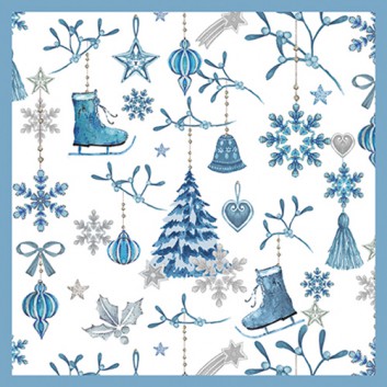  HomeFashion Winter-Servietten; 33 x 33 cm; Winter Collection: Schlittschuhe etc.; blau-grau-weiß; 612105; 3-lagig; 1/4 Falz (quadratisch); Zelltuch 