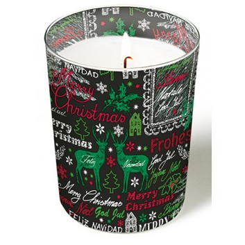  Paper + Design Weihnachts-Dekor-Kerze; Cardboard greetings; rot-grün-weiß auf schwarz; Druchmesser: 8,5 cm, Höhe: 10 cm; runde Glaskerze 