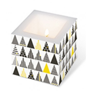  Paper + Design Weihnachts-Dekor-Kerze; Pattern trees: W-Bäume;; schwarz-gelb auf weiß; 8 x 8 x 12 cm (L x B x H); eckig 