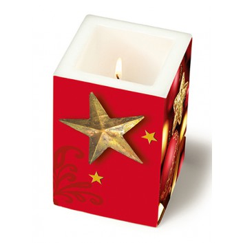 Paper + Design Weihnachts-Dekor-Kerze; Merry and bright; rot-bunt; 8 x 8 x 12 cm (L x B x H); eckig; in Folie verpackt 