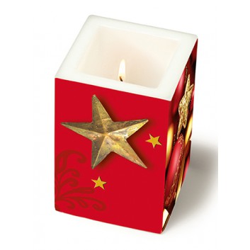  Paper + Design Weihnachts-Dekor-Kerze; Merry and bright; rot-bunt; 8 x 8 x 12 cm (L x B x H); eckig; in Folie verpackt 
