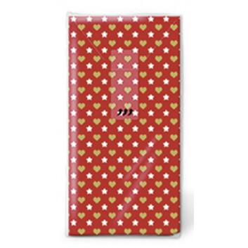  Paper + Design Weihnachts-Design-Taschentücher; Mini patterns red: Mini Sterne & Herzen; 01423; 22 x 21 cm; 1/8 gefalzt auf 11 x 5,5 cm 