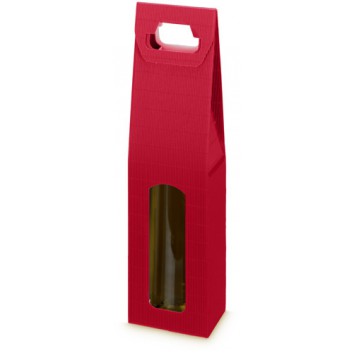  Flaschen-Tragekarton zum Überreichen; für 1 Flasche; uni; rot; mit Fensterstanzung; offene Welle; 0,75l Wein-Sektflaschen bis 36cm Länge 