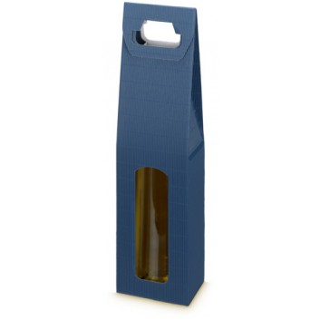  Flaschen-Tragekarton zum Überreichen; für 1 Flasche; uni; blau; mit Fensterstanzung; offene Welle; 0,75l Wein-/Sektflaschen bis 36cm Länge 