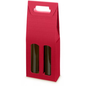  Flaschen-Tragekarton zum Überreichen; für 2 Flaschen; uni; rot; mit Fensterstanzung; offene Welle; 0,75l Wein-/Sektflaschen bis 36cm Länge 