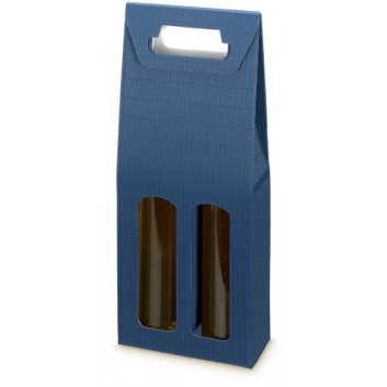  Flaschen-Tragekarton zum Überreichen; für 2 Flaschen; uni; blau; mit Fensterstanzung; offene Welle; 0,75l Wein-/Sektflaschen bis 36cm Länge 