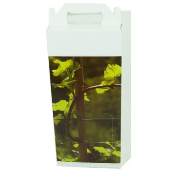  Flaschen-Tragekarton zum Überreichen; für 2 Flaschen; Fotomotiv: Weinstock; grün-weiß; mit Fensterstanzung; glatte Oberfläche 