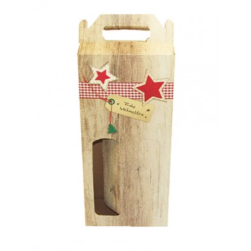  Flaschen-Tragekarton zum Überreichen; für 2 Flaschen; Holzoptik+rot-weißer Schleife+Sterne+Anh; hellbraun; mit Fensterstanzung; glatte Oberfläche 